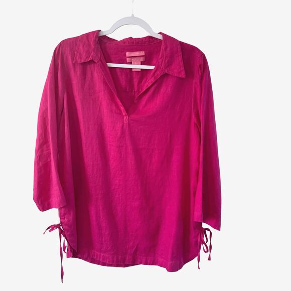 Isaac Mizrahi size L Pink Magenta 100% Linen 3/4 Sleeve Collar Popover Top NWOT - Picture 1 of 5
